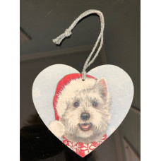 Exclusive CHAT Handmade Heart Hanging Christmas Decoration - Highland Terrier in Xmas Hat